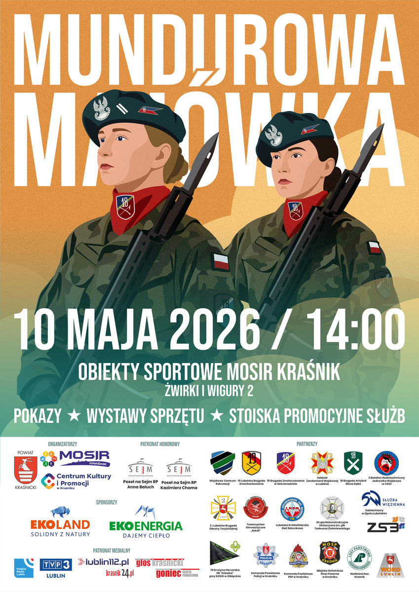 plakat zaproszenia na majówkę mundurową na której widać grafikę dwóch kobiet patrzące w jednym kierunku a poniżej logo wielu partnerów wydarzenia 