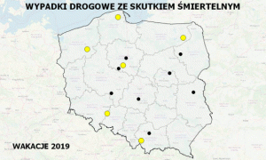 Zdjęcie przedstawia mapę wypadków drogowych ze skutkiem śmiertelnym - Wakacje 2019.