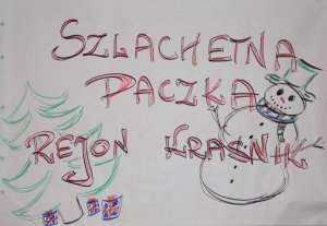 Zdjęcie przedstawia rysunek z napisem &quot;Szlachetna paczka Rejon Kraśnik&quot;.