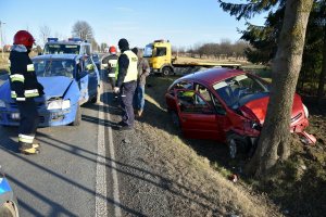 Zdjęcie przedstawia zdarzenie drogowe oraz funkcjonariuszy straży oraz policji.