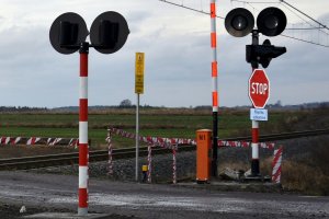 Zdjęcie przedstawia sygnalizację świetlną oraz znak STOP przy przejeździe kolejowym.