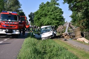 Zdjęcie przedstawia zdarzenie drogowe oraz funkcjonariuszy Straży Pożarnej.