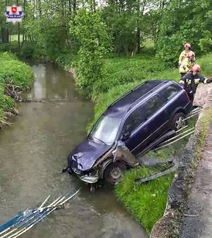 Zdjęcie przedstawia samochód koloru granatowego w rzece wraz z barierką ochronną, za samochodem dwóch strażaków