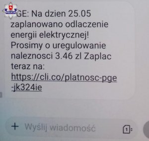 Zdjęcie przedstawia treść wiadomości tekstowej o konieczności zapłaty