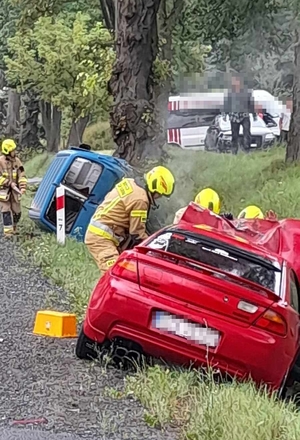 Zdjęcie przedstawia dwa samochody w rowie