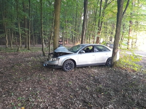 Zdjęcie uszkodzonego pojazdu w lesie