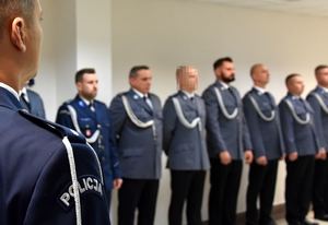 Ramię policjanta i policjanci w tle