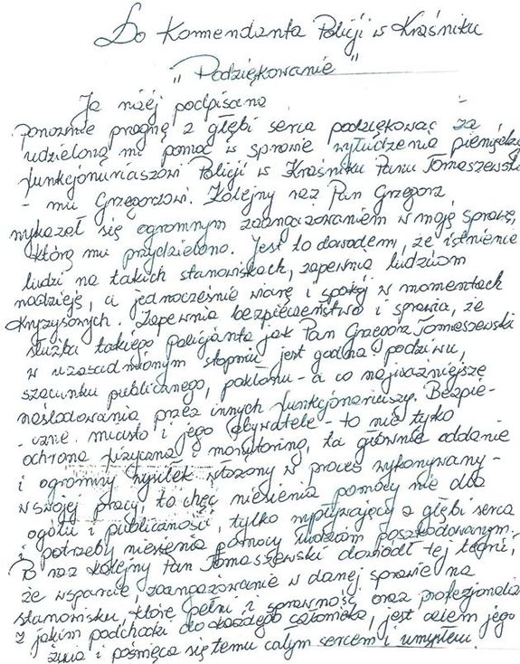 podziękowanie dla policjanta