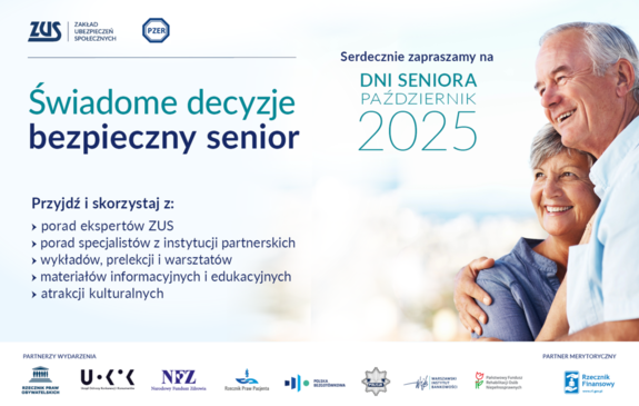 plakat akcji dni seniora w ZUS na którym widać starsza parę mężczyzny i kobiety