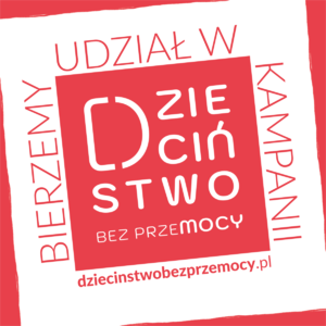 plakat akcji dzieciństwo bez przemocy w kolorze czerwonym są napisy na białym tle słowa bierzemy udział w kampanii