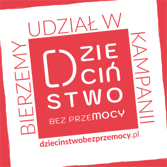 plakat akcji dzieciństwo bez przemocy w kolorze czerwonym są napisy na białym tle słowa bierzemy udział w kampanii