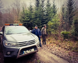 policjant i strażnik leśny patrolują las w ramach akcji Choinka 2025