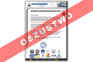 grafika przedstawia pismo z przekreśloną czerwoną linią z napisem oszustwo