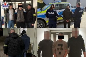 zdjęcie  podzielone na cztery części z której każda z nich przedstawia policjantów prowadzących zatrzymanych