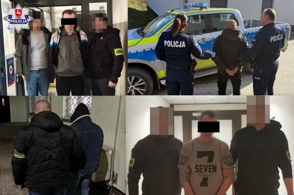 zdjęcie  podzielone na cztery części z której każda z nich przedstawia policjantów prowadzących zatrzymanych
