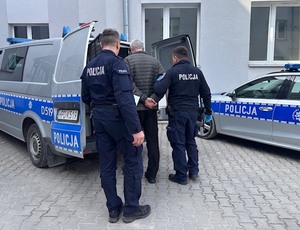 zatrzymany wprowadzany do radiowozu przez dwóch policjantów