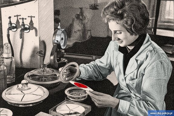 kobieta siedząca przed biurkiem patrzy na okrągła kartkę z czerwoną plamą