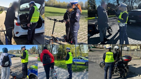 zbiorczy kolaż zdjęć na których widać policjantów kontrolujących osoby na jednośladach