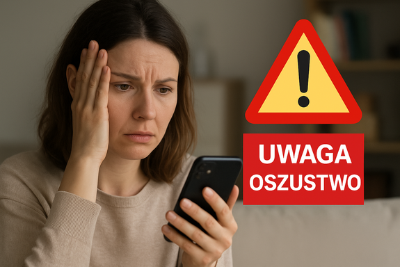 kobieta trzymająca telefon w ręku oraz napis uwaga oszustwo