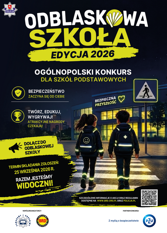 odblaskowa szkoła edycja 2026 napis na górze poniżej dzieci idą w stronę szkoły ubrane w elementy odblaskowe