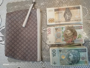 pieniądze leżą na stole obok saszetki