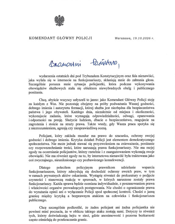 List Komendanta Głównego Policji do policjantek i policjantów w związku z ostatnimi wydarzeniami