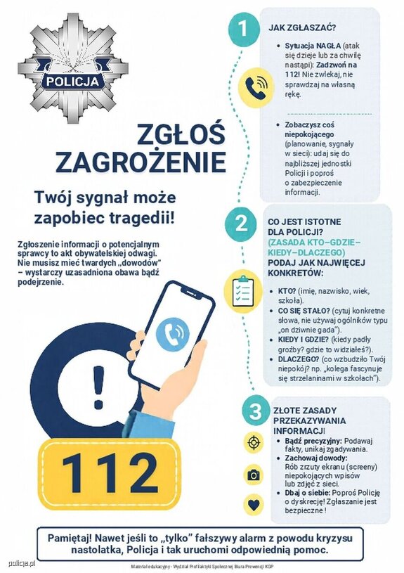 plakat informacyjny jak zgłosić zagrożenie
