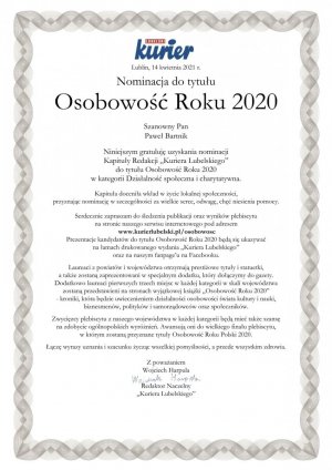 Zdjęcie nominacji Pawła Bartnika do tytułu osobowość roku